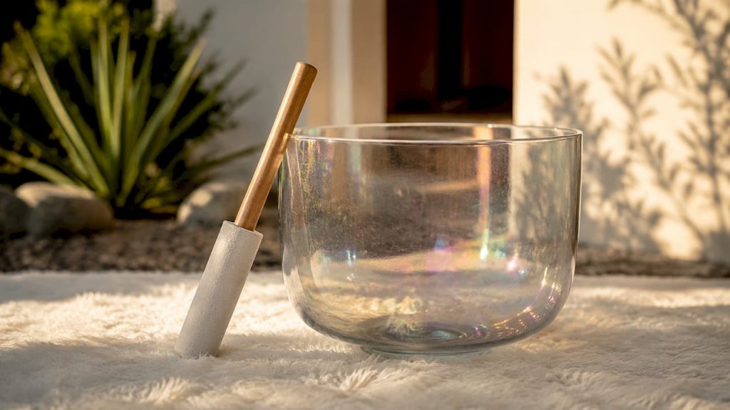 Close-up of crystal singing bowl and mallet